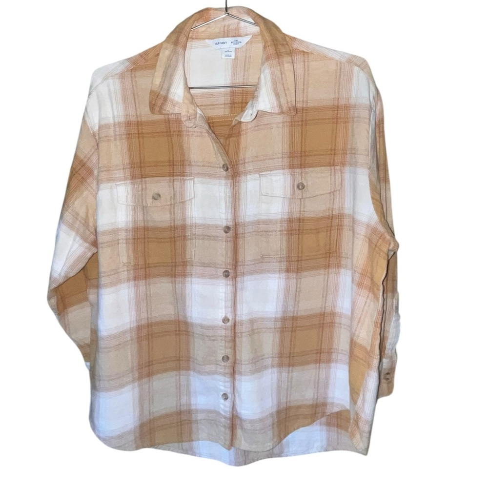 EUC Old Navy Plaid Boyfriend Flannel Shirt - Cream and Tan Large Petite
